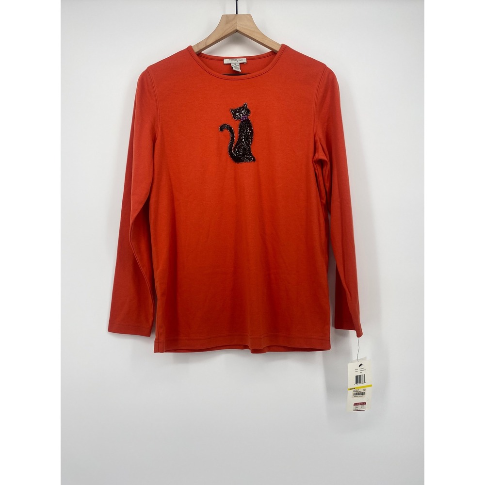 Mercer Street Studio Cat Sequin Top Women Medium Orange Long Sleeve Tee 3102JMT